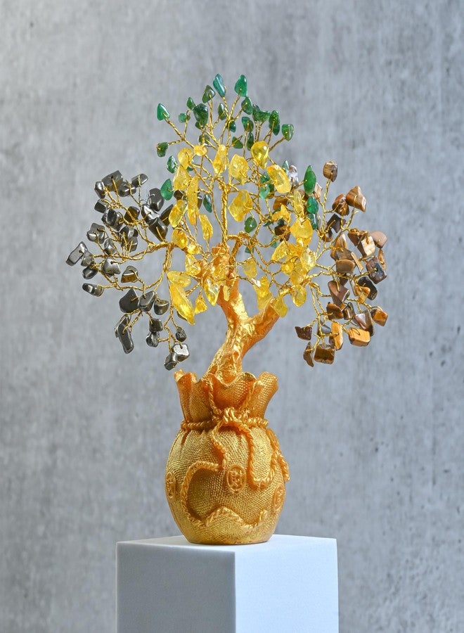HindCraft Money Magnet Crystal Tree Pyrite, Green Aventurine, Citrine, Tiger Eye Tree of Life Bonsai - Feng Shui Gold Crystal Ornaments for Prosperity and Positive Energy - Table Decor (7 x 3 inch) - Image 3